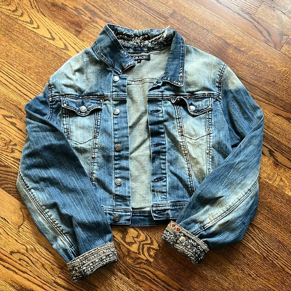 Women’s Jean Jacket Distressed Sequin L/XL